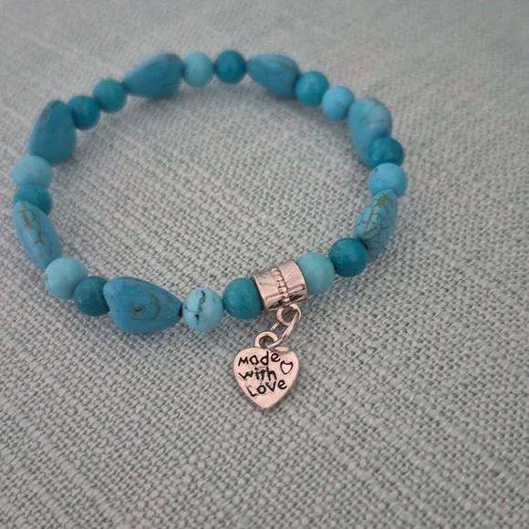 Turquoise 6mm 4mm Natural Beads on Heart Necklace.Charm On Matching Braclet. - Picture 3 of 4